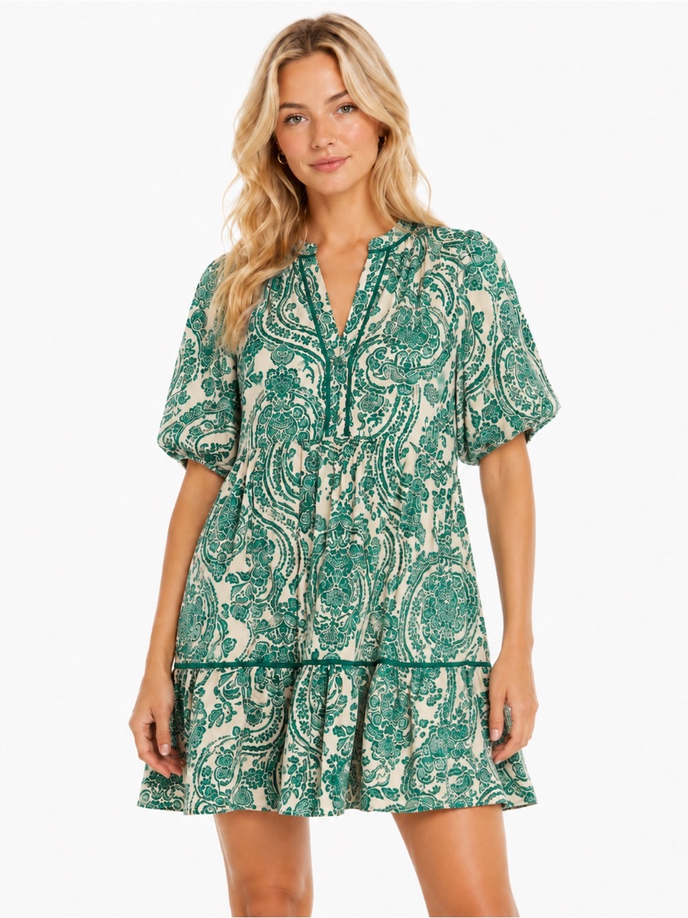 Umgee Size Small Green Paisley Split-Neck Smocked Mini Dress